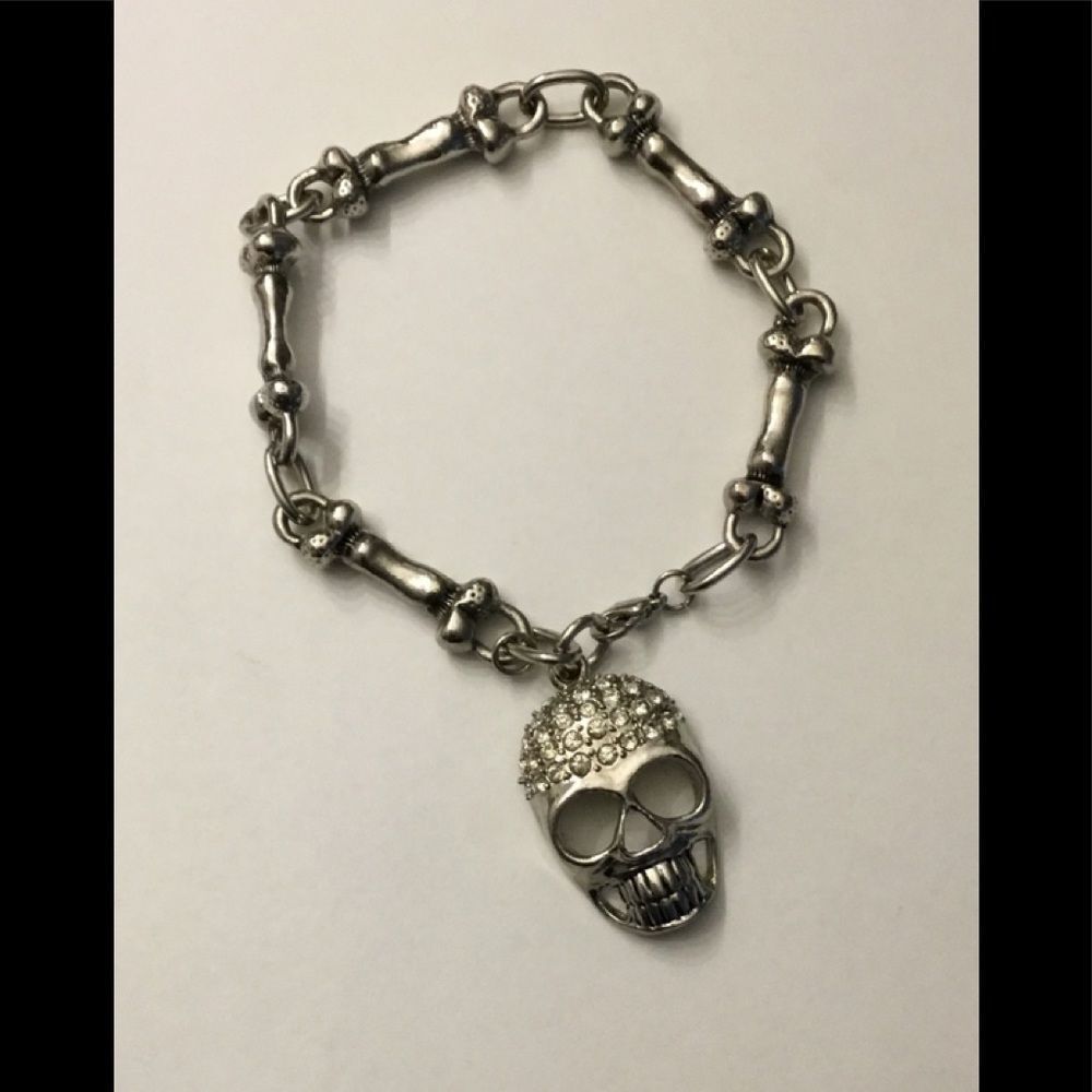 Trendy Unique Rhinestone Skull with Bone Link Charm Bracelet